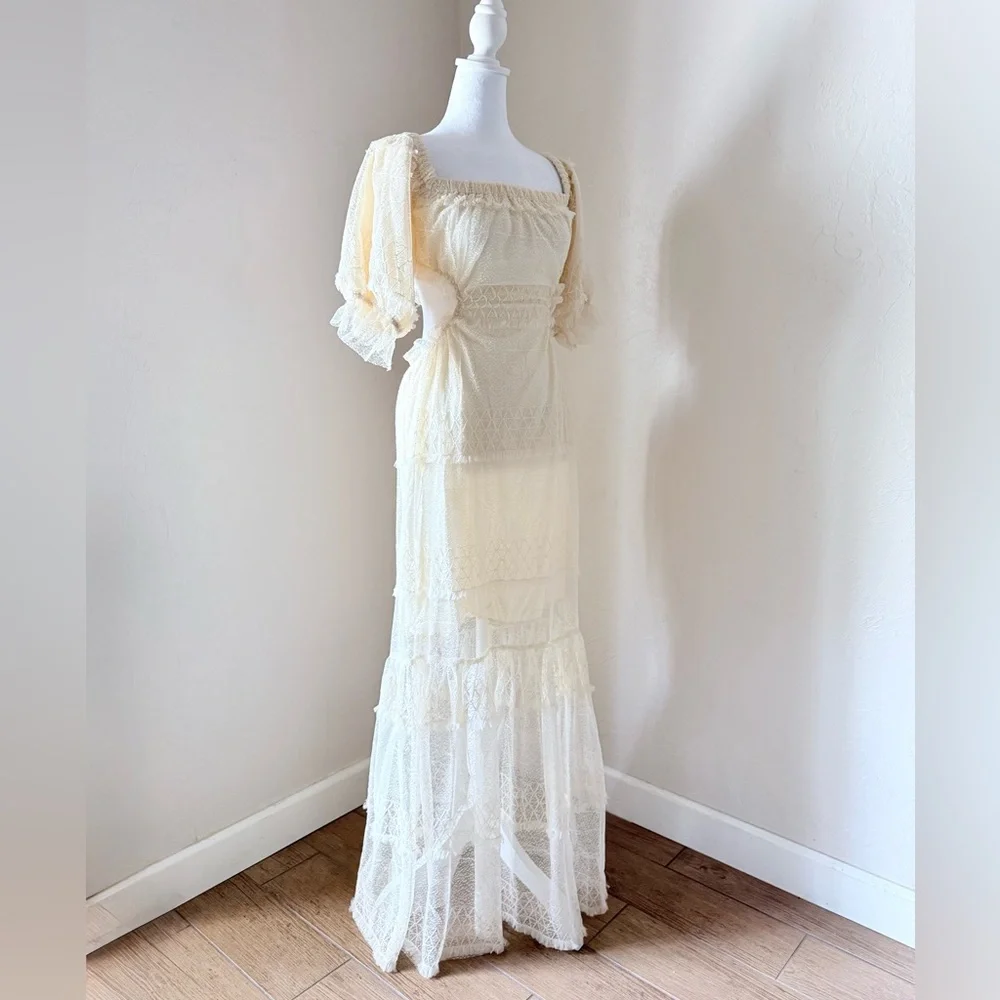 NWT Skylar Rose Off The Shoulder Open Back Boho Tiered Lace Maxi Dress Cream M - Picture 5 of 15